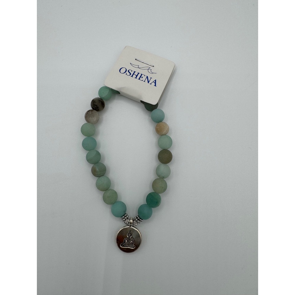 OSHENA Buddha Charm Beaded Bracelet Unisex OS Green Silver‎ Excellent Zen Stone